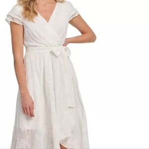 DKNY Midi Dress Sz8 White Embroidered Eyelet Faux Wrap Bridal Cottagecore Boho